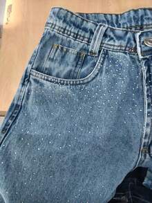 Women's Wide Leg Flare Jeans With High Waist Bag With Glitter Simple Casual Pocket Button Zipper - Màu xanh lam - Xem 4