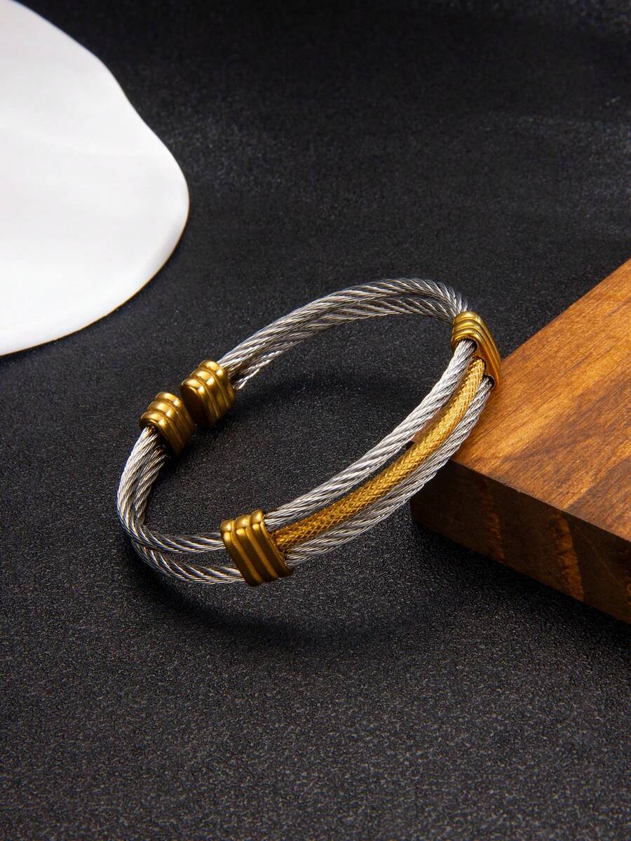 1pc Stainless Steel Cable Open Cuff Bracelet For Men, Minimalist Design Personalized Accessory, Suitable For Daily Wear Or Gift For Boyfriend - Wire Rope Bracelet - View 1