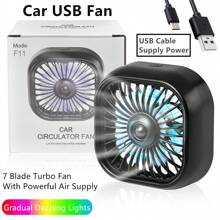 1 pieza Ventilador de salida de aire del coche con ajuste USB, ventilador turbo de 7 aspas de gran potencia con luz atmosférica de color degradado, bajo nivel de ruido y función múltiple, mini ventilador de refrigeración interior para el automóvil