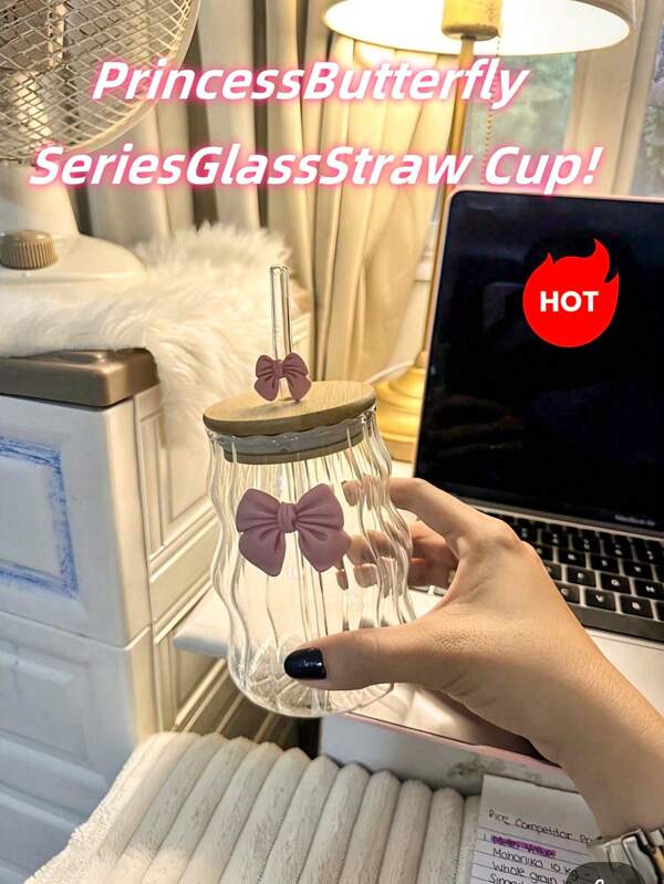 كوب زجاجي واحد به شريط ربطة القوس بغطاء وقش، كوب زجاجي أنيق بشريط ربطة القوس، كوب قش مبتكر وجذاب بشريط ربطة القوس، كوب قهوة عالي الجودة به غطاء وقش بشريط ربطة القوس، كوب زجاجي مموّج ومخطط، مناسب لديكور المنزل وتناول المياه والحليب للإفطار وشراب الشاي والقهوة والعصير واللبن، هدية مثالية لعيد الحب والمناسبات والأعياد