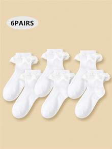 6 Pairs Girls White Double Lace Trim Princess Dancing Socks, Breathable Mesh Net Ankle Socks