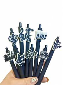 5/10/20pcs Music Note Series Retractable Ballpoint Pens, Medium Point, Plastic Black Barrel With Random Music-Themed PVC Soft Rubber Decals School Supplies,Back To School