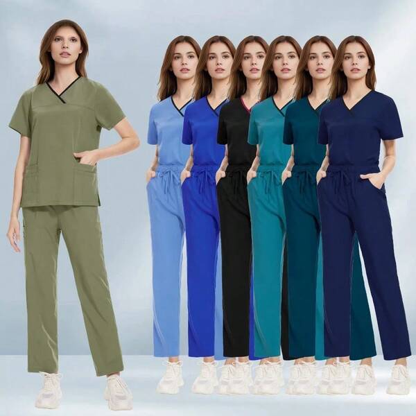Nurse Costume For Adults Cosplay - Scrub Uniforms Suit Short Sleeve V-Neck Nursing Tops+Pants Women Multicolor Pet Doctor Scrubs Uniform Workwear ,Halloween Costume