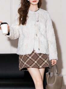 Alicedudu Women's Winter Short Faux Fur Coat With Button Closure, New Chinese Style - Beige - View 4