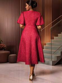 女士提花通勤压花优雅3D立体花卉泡泡袖A字连衣裙，适合鸡尾酒会、毕业典礼、生日、婚礼宾客、舞会、晚宴、返校节等场合。 - 紅色 - 查看 2