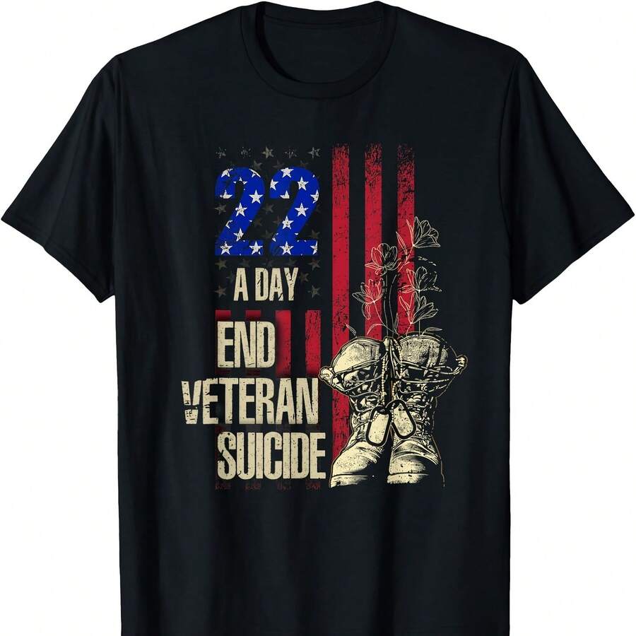 End Veteran Suicide Awareness 22 A Day Patriotic US Flag T-Shirt Camisetas - 黑色2 - 查看 1