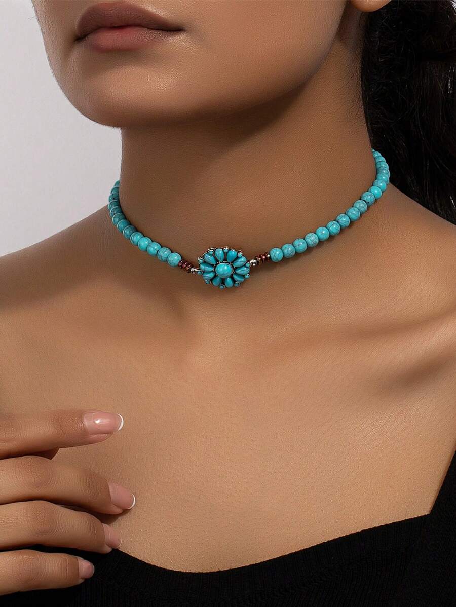 1pc Bohemian Retro Floral Pendant Necklace With Faux Turquoise Beads, Suitable For Women's Daily Wear