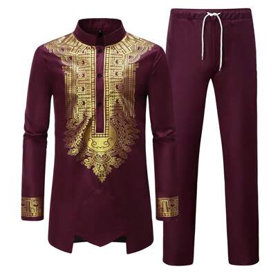 Men's Matching Middle Eastern Outfit Set Print Shirt And Pants