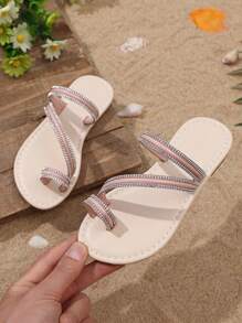 1 Pair Baby Girls Fashion Slippers, Soft Mirror PU Material, Rhinestone Decor, Round Toe, Slip-On Design, Lovely Flat Beach Sandals For Casual, Party, Beach, Daily Wear
