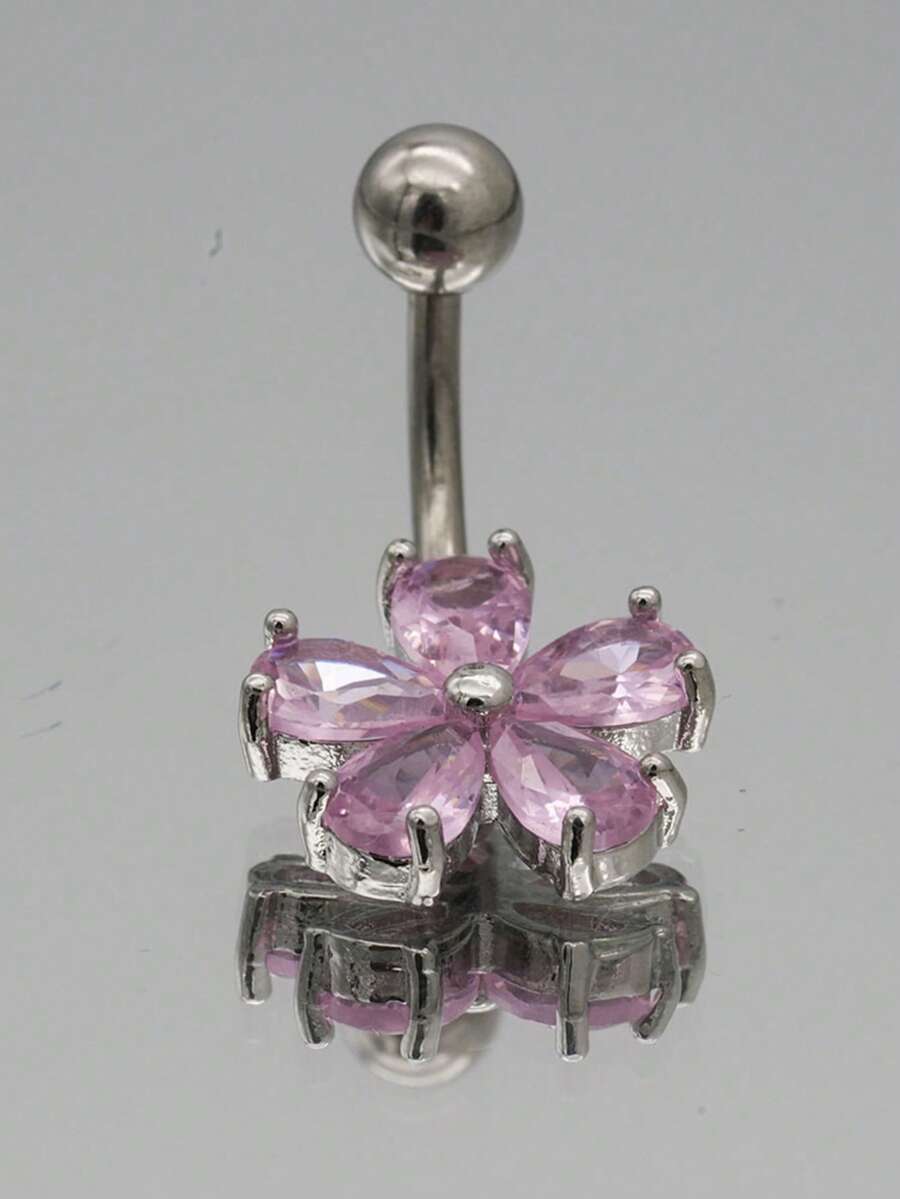 1pc Cute Teardrop Flower Belly Button Ring, Pink - Multicolor - View 1