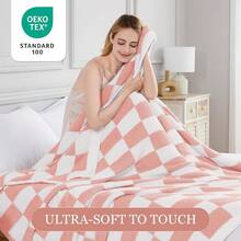 Downluxe Checkered Blanket Twin Size, 60x80 Inch Warm Lightweight Comfy Knitted Blanket, Ultra Cozy Twin For Bed/Sofa/Camping/Picnic (Sage Green) - 格紋粉紅色 - 查看 9