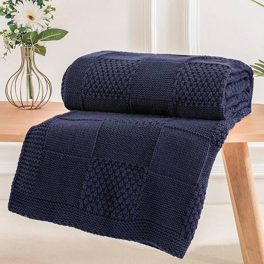 Knit Throw Blanket,Classical Checkered Blanket For Couch,Cozy Warm Knitted Throw Blanket For Bed Sofa Living Room, Decorative Stretched Throw, Lightweigh,50"X 60"Oatmeal - Navy Blue - 查看 1