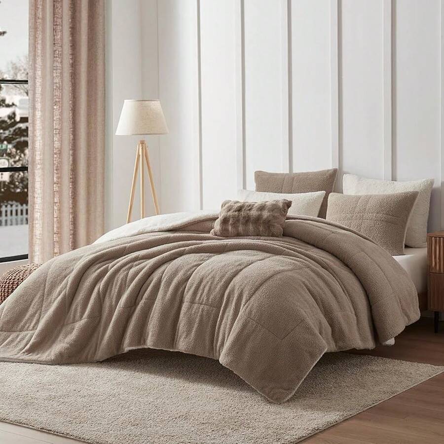 Comforter Set 3 Piece, Plush Fluffy Bedding, Geometric Pattern, Lightweight Bedspread Blanket All Season, Faux Comforter - Brown - View 1