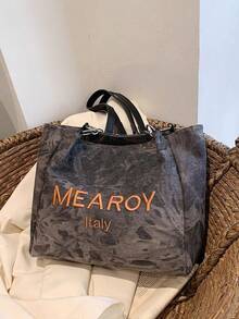 女士时尚字母刺绣大容量托特包，适合日常通勤 - 黑色 - 查看 7