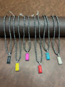 Retro Western Country Style Faux Pearl CCB Beaded Necklace Chain With Water-Drop Pendant, 3 Layers Chain Design, Matching Rectangle Earrings, Suitable For Women And Girls To Pair With Daily Outfit, Party Accessories, Jewelry, Gift For Family/Friends/Yourself