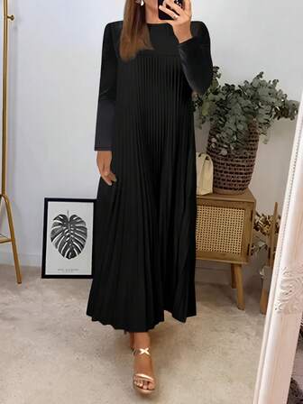 Women's Solid Color Casual Pleated Fabric Dress, Daily Wear For Spring & Autumn