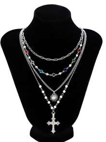 4 Pieces Colorful Gemstone Pearl Sun Cross Gorgeous Fashion Metal Silver Women's Necklace Set, Suitable For Banquet Dance Party Concert Match Daily Clothing Accessories - 銀色 - 查看 5