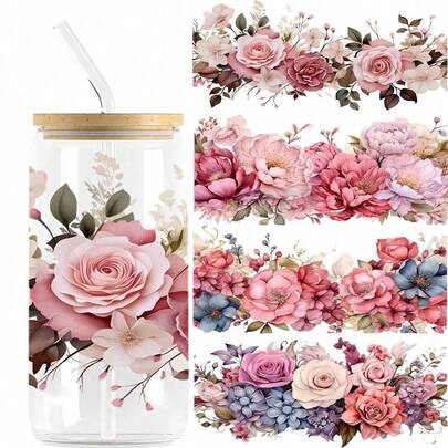 NJCHARMS Set de 4/6 pegatinas de transferencia UV de peonía - Resistente al agua y al rayado, calcomanías autoadhesivas para tazas, botellas y decoración del hogar - Adecuado para frascos de vidrio de 16 onzas, manualidades DIY - De alta calidad, fácil de aplicar (4.33 pulgadas x 9.5 pulgadas)