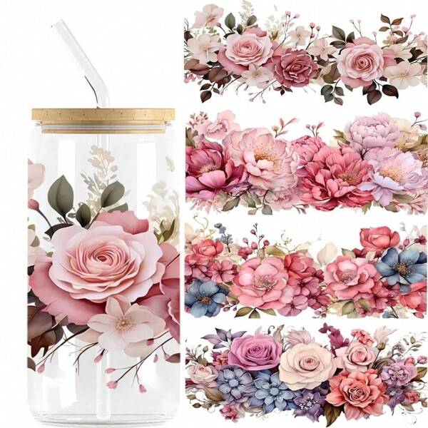 NJCHARMS 4/6 pièces Lot d'autocollants de transfert UV Pivoine - Imperméable et résistant aux rayures, décalcomanies autocollantes pour tasses, bouteilles et décoration d'intérieur - Convient pour bocaux en verre de 16 oz, artisanat DIY - Haute qualité, facile à appliquer (11 cm x 24 cm)