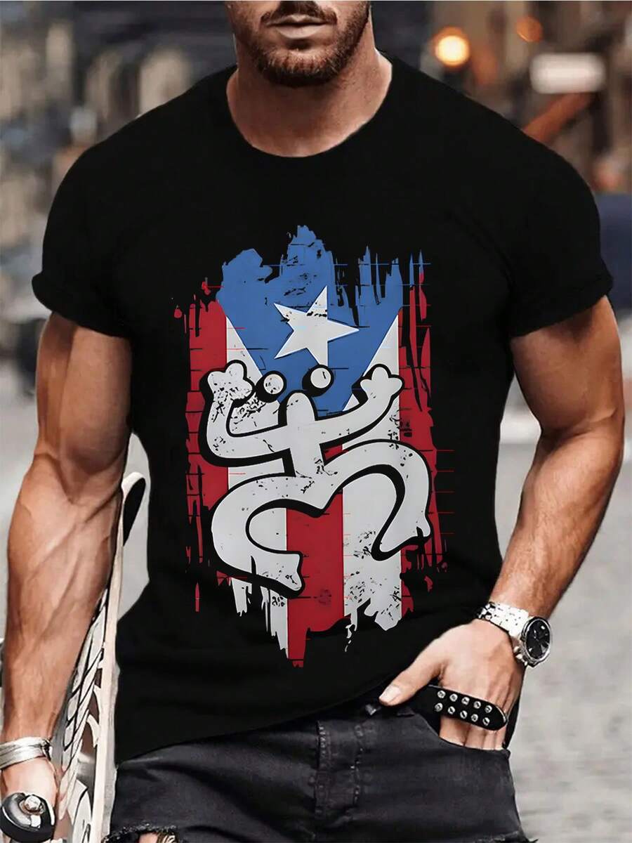 Puerto Rico Shirt, 100% Cotton, Men's 100% Cotton Puerto Rico Flag And Tree Frog Pattern T-Shirt - Casual Crew Neck Short Sleeve, Breathable And Lightweight, Suitable For Outdoor Activities, Perfect Christmas Gift, Daily Wear, White With Blue, Red, And Green Design, Outdoor Clothing | Flag Design | Micro-Elastic Fabric,Suitable For Birthday, Valentine's Day Gifts, And Daily Wear - 黑色 - 查看 1