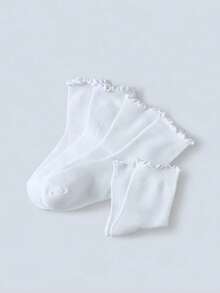 5 Pairs Mid-Calf Socks, Pure White With Striped Ruffle Design, Suitable For Home, Travel, Vacation And All Seasons - White - View 2