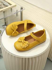 1 Pair Yellow Bow Girls' Shoes With PU Bound Toe, Adjustable Hook-And-Loop Design, Round Toe, TPR Non-Slip Sole, Comfortable & Lightweight, Solid Color, Suitable For 5-14 Years Old Girls, Campus, Activities, Formal Occasions And Daily Wear - Yellow - View 7