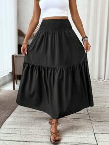 Plus Size Women Casual Solid Color Long Skirt Spring - Pure Black - View 5