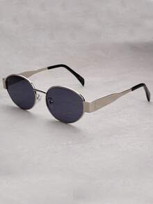 1pc Oval Metallic Small Round Fashion Glasses Oval Shape Shades - Silver Frame Black Gray Film - View 2