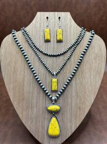 Retro Western Country Style Faux Pearl CCB Beaded Necklace Chain With Water-Drop Pendant, 3 Layers Chain Design, Matching Rectangle Earrings, Suitable For Women And Girls To Pair With Daily Outfit, Party Accessories, Jewelry, Gift For Family/Friends/Yourself