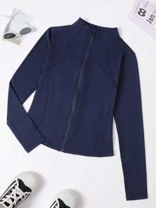 加大码拉链长袖运动夹克，女士紧身拇指孔袖口健身瑜伽跑步运动服外套春季款 - 寶藍色 - 查看 5