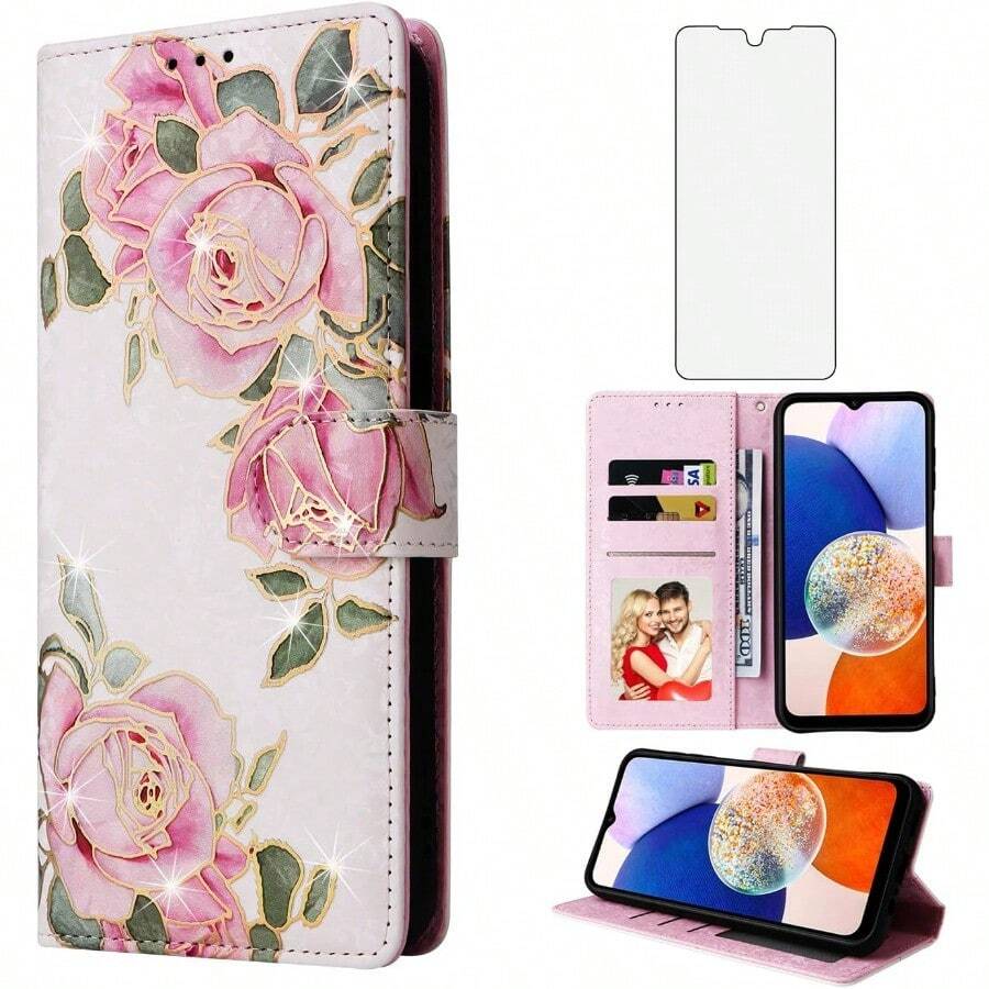 Asuwish Phone Case For Galaxy A15 5G 4G Wallet Cell Flip Cover With Tempered Glass Screen Protector Flower Card Holder Slot Stand Lanyard Wrist Strap Red A 15 G5 15A Women Men Rose Flower01 - 玫瑰花 - 查看 1