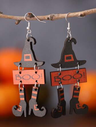 2 pares de pendientes de madera con estilo gótico de sombrero de bruja y colgante "¡BU!" de Halloween, combinables