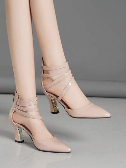 Zapatos de tacón alto con punta puntiaguda y tacón grueso, diseño de hebilla con correa, decoración hueca y de rhinestone, elegantes, bombas de mujer, elegantes, atuendos de fiesta