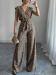 Mono de pierna ancha con estampado floral elegante, sin mangas y escote en pico, para primavera/verano. - Camel - Ver 3