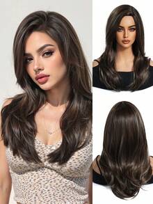 优雅耐热合成假发，20英寸长，棕色渐变卷发，无刘海，适合女性日常、婚礼、聚会和角色扮演等场合。 - 漸層棕色 - 查看 2