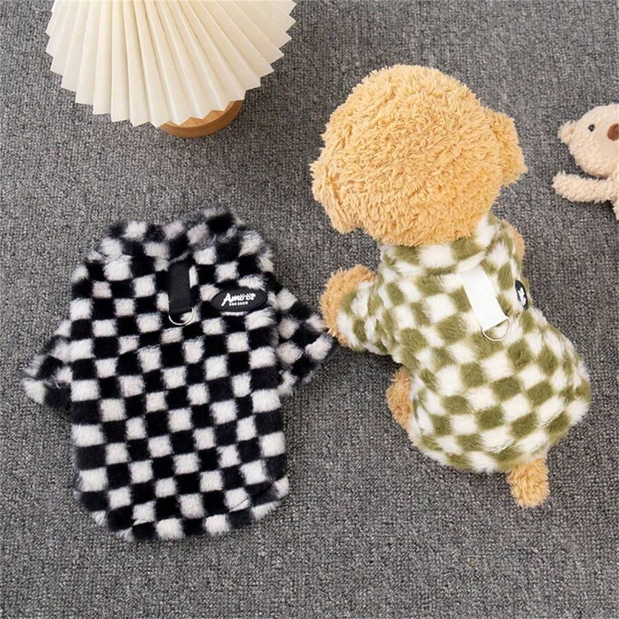 秋冬宠物狗衣服、牵引绳和毛绒千鸟格纹卫衣，适合贵宾犬、泰迪犬、猫咪等小型犬，通用保暖服装