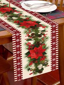 1pc Merry Christmas Table Runner, 180*35cm Polyester Tablecloth With Red Flower Pattern, Christmas Decoration, Home Christmas Decor, Christmas Ornament, Kitchen Decor, Dining Table Decor, Desktop Decor - Multicolor - View 8