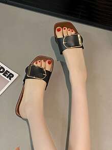 女士可调节扣式时尚平底方头休闲人字拖