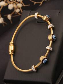 1pc 18K Gold-Plated Stainless Steel Vintage Devil's Eye Bracelet With Inlaid Cubic Zirconia Stone, Fashion Versatile Personalized Accessory, Suitable For Women Daily Party Wear, Gift For Girlfriend Or Best Friend