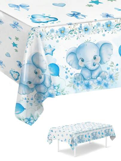 1 pieza Mantel con tema de elefantito azul para revelación de género, mantel desechable con lindo patrón de elefantito azul y flores para fiesta de baby shower, decoración para fiesta de primer cumpleaños de niño/niña, suministros para fiesta de revelación de género, regalo de baby shower, decoración de baby shower, decoración de revelación de género, decoración de cocina, favor de revelación de género