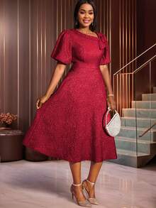 女士提花通勤压花优雅3D立体花卉泡泡袖A字连衣裙，适合鸡尾酒会、毕业典礼、生日、婚礼宾客、舞会、晚宴、返校节等场合。 - 紅色 - 查看 4