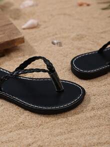 1 双幼儿黑色编织平底凉鞋，柔软 PU 材质，简约设计，防滑 TPR 外底，圆头，一脚蹬，适合女婴/男婴，日常休闲、海滩、度假、聚会，2025 年新品 - 黑色 - 查看 8