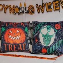 4 capas de almofada decorativas vintage de Halloween, estampa de gato assustador, abóbora, caveira, morcego, capas de almofada retrô de 45,7 cm x 45,7 cm com zíper, estampadas em um só lado, decoração de Halloween para casa, adequadas para o feriado de outono, pátio externo, sofá para sala de estar interna, decoração de quarto