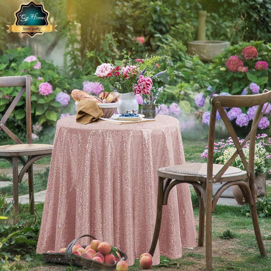 1pc Rose Gold Sequin Round Tablecloth 47-Inch, Party Table Cloth Suitable For Bridal Shower, Birthday, Wedding, Dessert, Banquet, Thanksgiving, Christmas