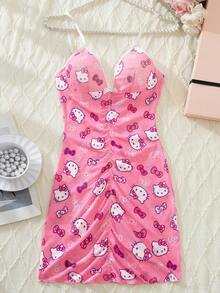 Sanrio 1 件女式 V 领 Hello Kitty 数码印花紧身吊带裙、细肩带、透视露背、女士太阳裙、夏季睡袍、娃娃装、性感内衣、性感内衣裙 - 粉色 - 查看 6