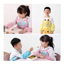 Cute Cartoon Kids Cooking Apron With Sleeves, Chef Hat And Pocket Apron Set, Children's Craft Art Kitchen Cooking Chef Set For Drinks, Food, Baking Toys, 3-8Y, Waterproof PVC Painting Smock, Toddler Preschool Art Smock