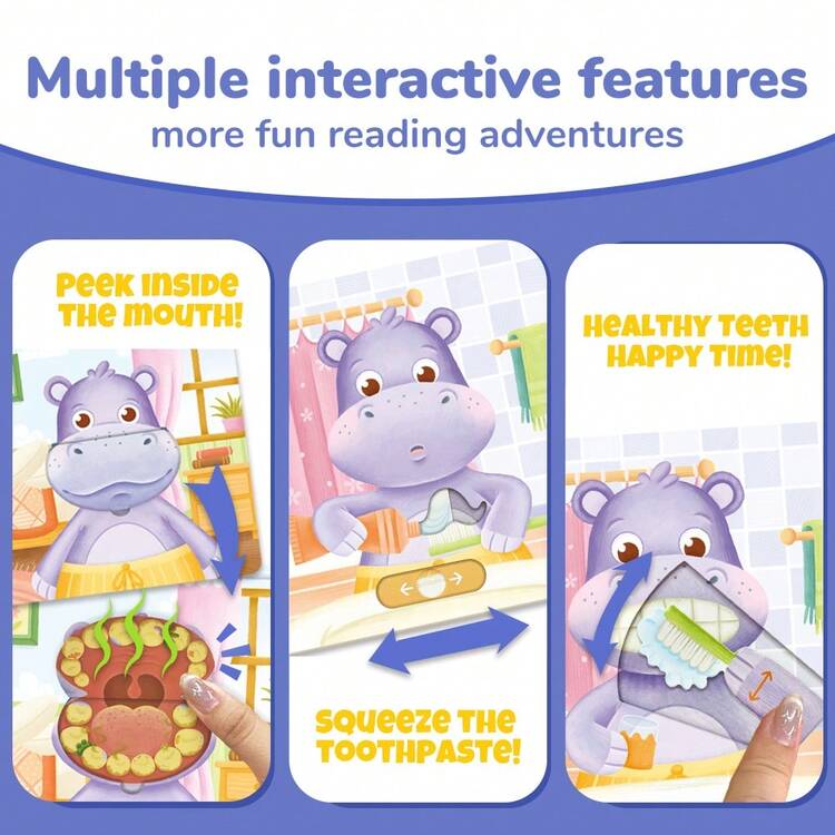 beartale 一套儿童推拉滑动互动游戏书，河马主题探索游戏书，一本引人入胜的幼儿刷牙互动书，包含推、拉、滑等设计，集活动书和早教玩具于一体，配有生动插图。 - 彩色 - 查看 5