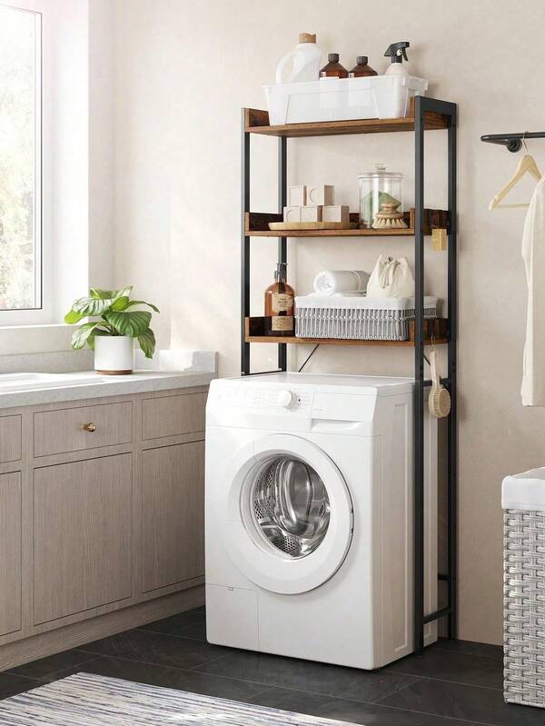 Estantería de Inodoro con 3 Estantes, Estante de Baño Que Ahorra Espacio, Montaje Fácil, Soporte de Lavadora, Estilo Industrial, Marrón Rústico y Negro