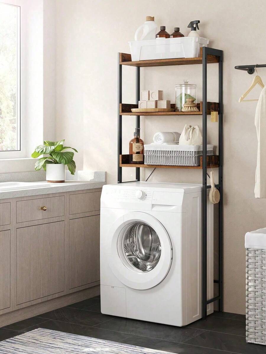 Estantería de Inodoro con 3 Estantes, Estante de Baño Que Ahorra Espacio, Montaje Fácil, Soporte de Lavadora, Estilo Industrial, Marrón Rústico y Negro - Marrón - Ver 1