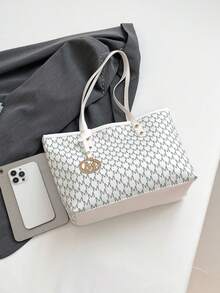 Bolso de hombro estampado, regalo del Día de la Madre para mamá, bolso de mano de gran capacidad con estampado de letras retro, bolso perfecto para transporte diario - Blanco - Ver 7